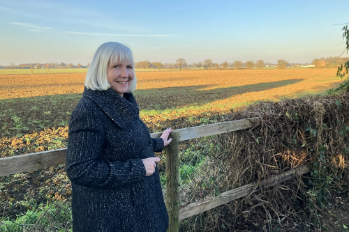 Councillor Lesley Paine stands by a sunlit field near Lower Sheering, Epping Forest